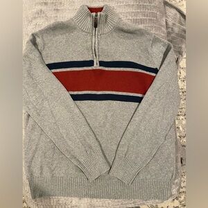 Eddie Bauer Gray Zip-Up Sweater with Red and Blue Stripes